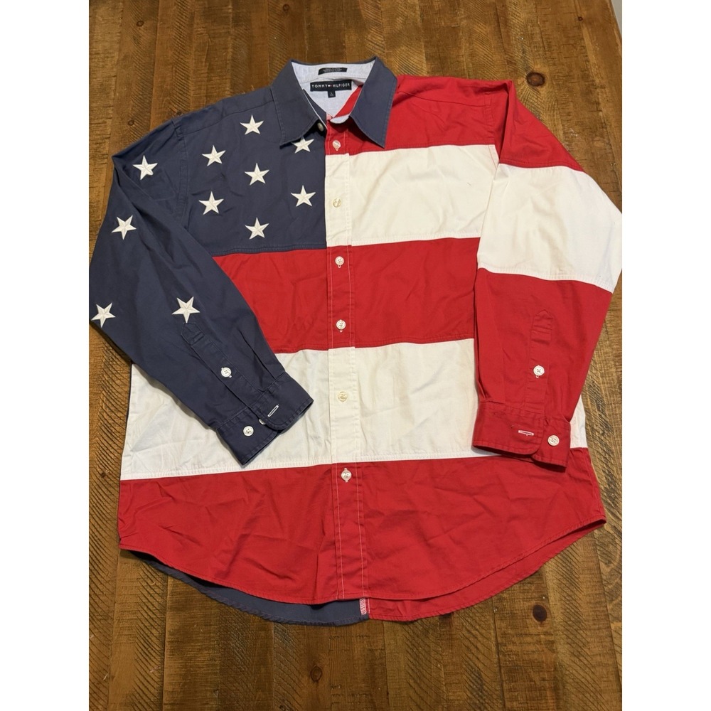 Vintage 90's Tommy Hilfiger Men's Large American Flag Long Sleeve ButtonUp Shirt